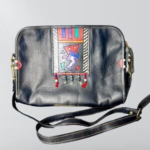 Turtle Ridge Hand Painted Black Leather Beaded Crossbody Bag